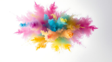 Multicolor powder explosion on white background, colored cloud, colorful dust explode paint holi, abstract multicolored dust splatter on white, Created by Generative AI