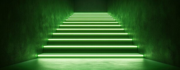 Obraz premium Single Color Neon Light A vibrant green staircase illuminated by modern LED lights, creating an inviting atmosphere.