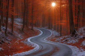 Gordijnen Winding Road Through Autumn Forest with Snow and Sunbeams © tukang