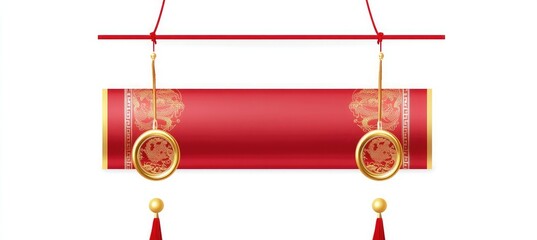 Red Chinese view scroll banner with golden decoration on a white background