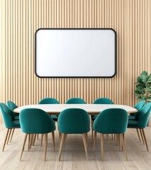 Teal chairs surround a white oval table in a modern conference room. A blank whiteboard hangs above, against a wood paneled wall. Natural light illuminates the scene.