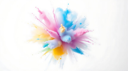 Obraz premium Multicolor powder explosion on white background, colored cloud, colorful dust explode paint holi, abstract multicolored dust splatter on white, Created by Generative AI
