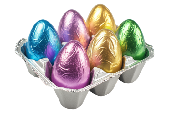 Assorted foil wrapped chocolate Easter eggs in gold, pink, blue, and green, arranged in silver carton tray isolated on white transparent background. Holiday concept