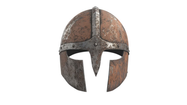 Rusty ancient warrior helmet with distinctive design displayed against a neutral background