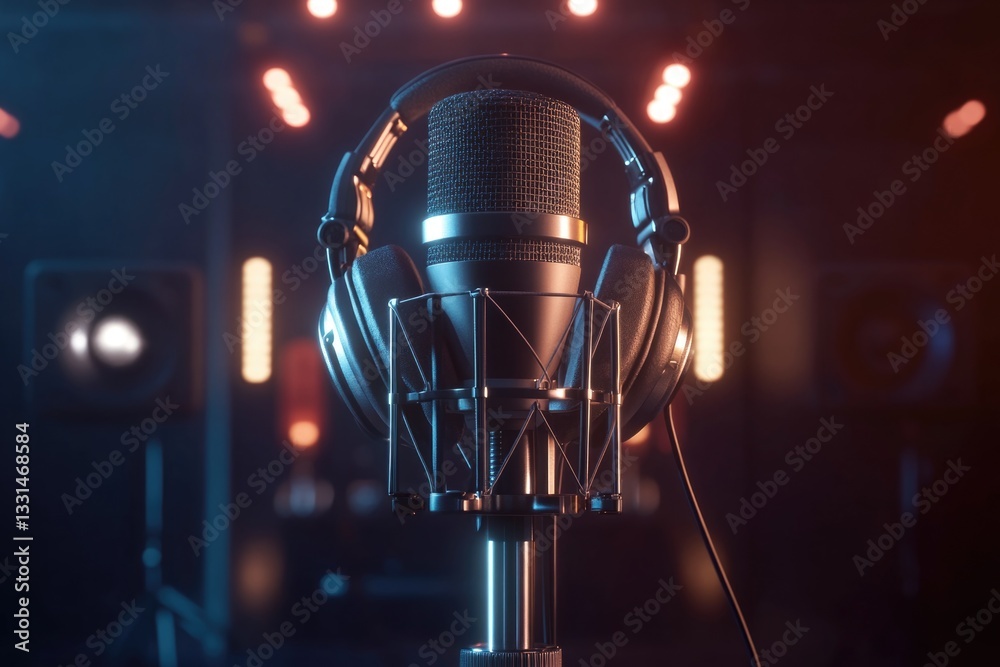 Poster A close-up shot of a microphone with a pair of headphones resting on top, ideal for use in music studios or recording sessions