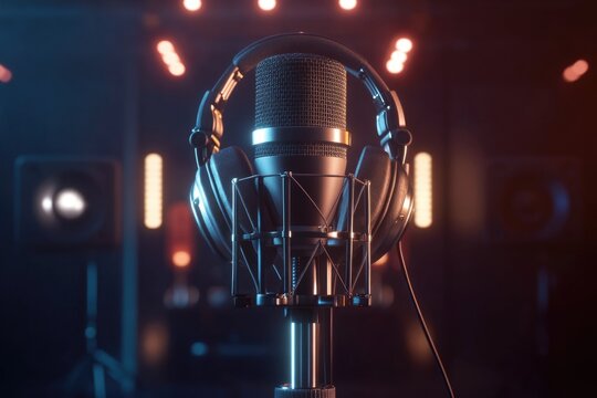 A close-up shot of a microphone with a pair of headphones resting on top, ideal for use in music studios or recording sessions