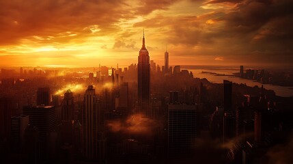Striking urban skyline with fiery red sunset high resolution picture