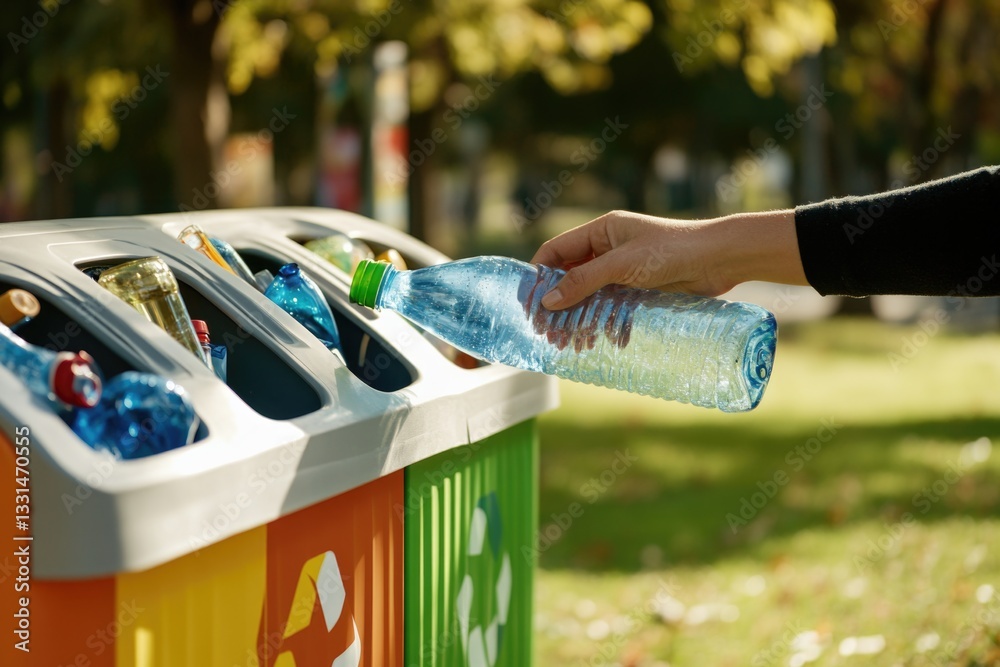 Poster a person disposing of waste by throwing a bottle into a trash can