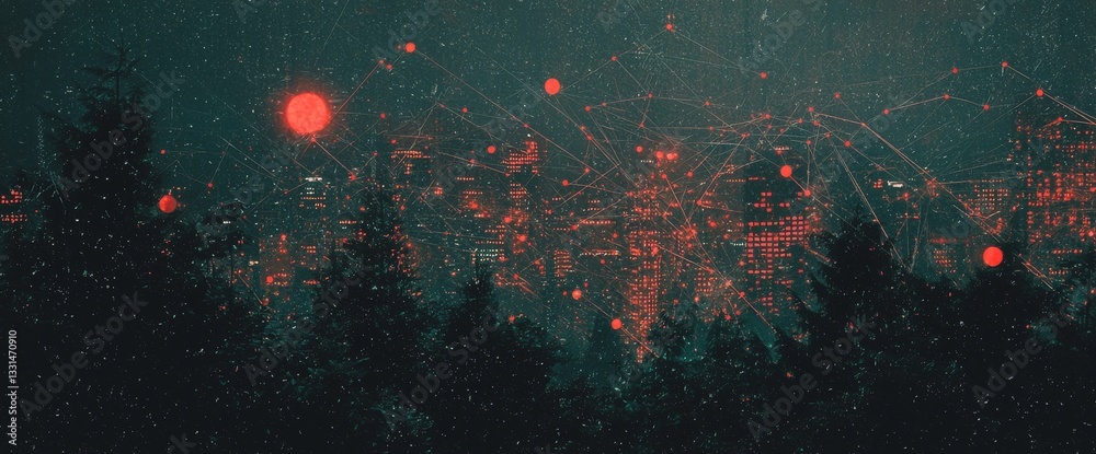 Poster the concept of a smart city is represented by abstract dot points connected with gradient lines and 