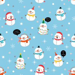 Merry Christmas greeting card background. Cute snowman and winter snow seamless pattern. Cute holiday cartoon character vector