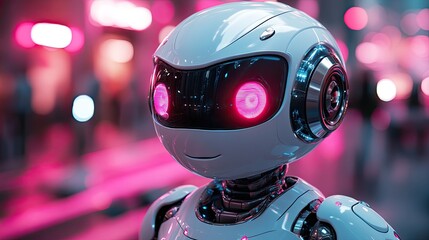 Fototapeta premium A friendly, cartoonish robot stands in a soft pastel-lit environment,