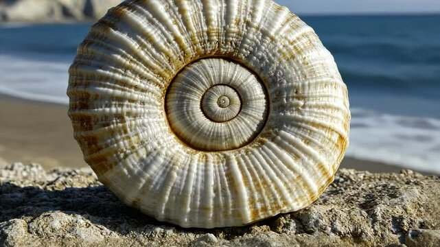 Natural spiral shell resting on a rocky beach with waves crashing in the background during a sunny day