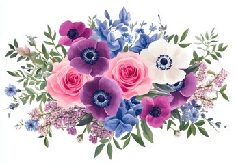 Vibrant Floral Arrangement Featuring Pink and Purple Roses, Anemones, and Foliage on a White Background Ideal for Spring Decor and Invitations