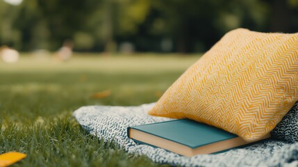 Lazy Sunday picnic, books and pillows on the grass, a slow afternoon filled with laughter