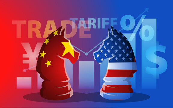 U.S.-China trade war featuring chess knights with American and Chinese flags. Represents strategic policies in global economic competition, tariff disputes, and geopolitical tensions