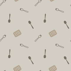 seamless minimal spoon, fork and biscuit repeat pattern in brown background, flat vector illustration graphic design