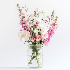 Fototapeta premium Pastel pink and white flowers in a clear glass jar against a white background. Soft lighting enhances the delicate blooms.