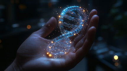 A glowing, futuristic DNA helix floating above a human hand, symbolizing genetics, biotechnology, and scientific advancements.  