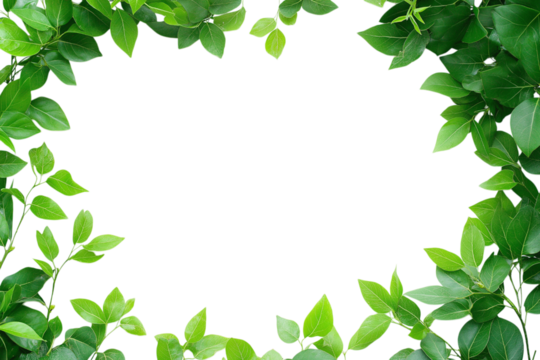 Fresh green tea leaves on transparent background creating natural border