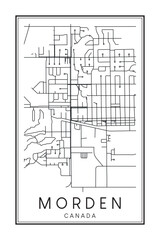 Hand drawn printable downtown road map poster of the Canadian town of MORDEN on solid white background with town name