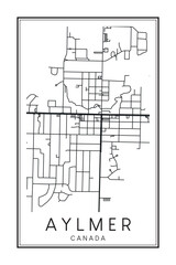 Hand drawn printable downtown road map poster of the Canadian town of AYLMER on solid white background with town name