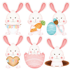 Fototapeta premium Watercolor Easter Bunny Illustration Set, Hand Paint, Cute, Rabbit, Carrot, Easter Egg, Basket, Cookie, Holiday, Festive, Pastel, Joyful, Spring, Celebration, Decorative, Adorable, Fun