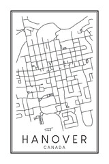 Hand drawn printable downtown road map poster of the Canadian town of HANOVER on solid white background with town name