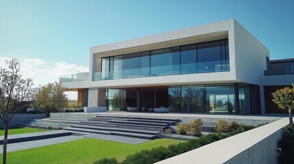 Glorious modern luxury house stands out with its sleek lines and expansive glass windows, surrounded by lush greenery under a bright blue sky. A perfect blend of sophistication and comfort