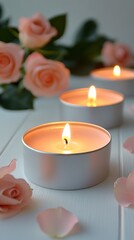 Close up view of two lit tea light candles in white containers, surrounded by peach colored rosebuds and petals on a white wooden surface. Soft, warm lighting.
