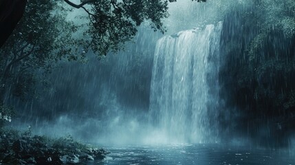 Serene Waterfall Surrounded by Lush Greenery Under a Rainy Sky with Misty Atmosphere