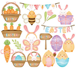 Watercolor Easter Festive Illustration Set, Hand Paint, Cute, Bunny, Chick, Easter Egg, Basket, Carrot, Ribbon, Butterfly, Bee, Spring, Pastel, Holiday, Celebration, Decorative