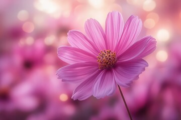 Fototapeta premium Pink and white cosmos flowers in full bloom with soft focus, bokeh effect, and clear skies, captured in a spring garden.
