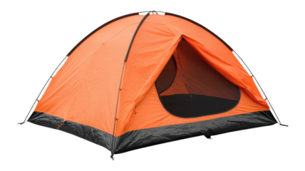 Bright orange camping tent set up in a serene outdoor environment during early morning hours for a peaceful retreat in nature