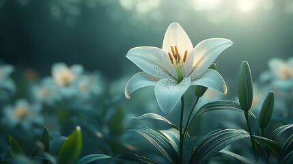 Obraz premium Serene White Lily Flower in a Field at Dawn Botanical Beauty Soft Light