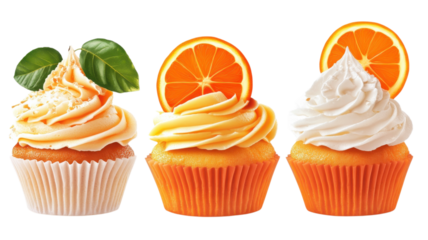 Colorful cupcakes with orange frosting and decorative toppings displayed attractively on a white background