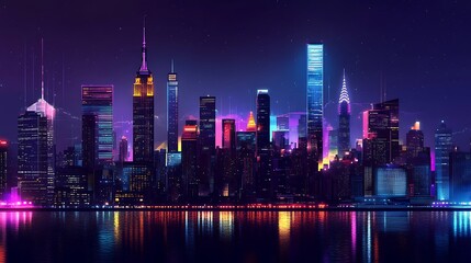 Fototapeta premium Stunning neon cityscape with towering skyscrapers at night high resolution picture