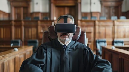 Judge conducts virtual reality trial using augmented technology in a modern courtroom setting