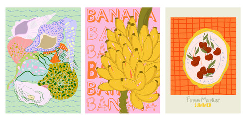 Collection of colorful Summer posters. Playful prints, Whimsical Summer Arts. Editable vector illustration © miobuono