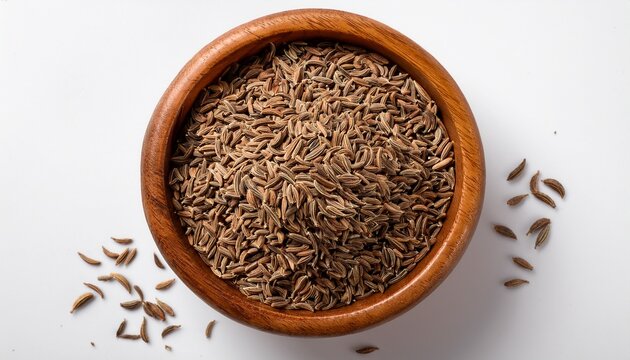 wooden bowl filled with cumin seeds top down view white backdrop showcasing rustic spice texture and warm brown coloring