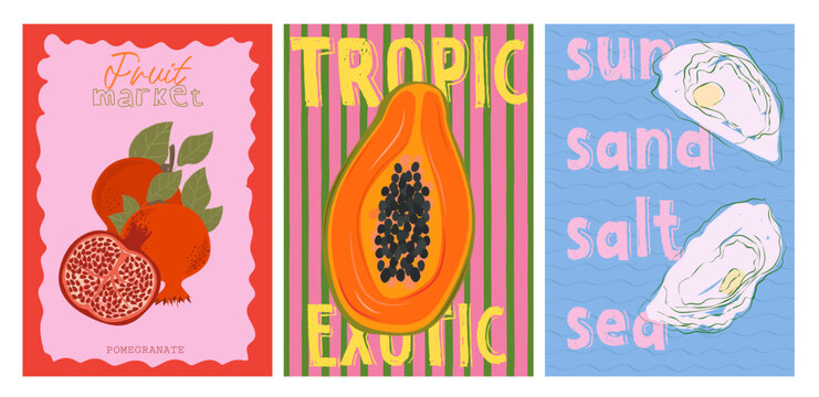 Collection of colorful Summer posters. Playful prints, Whimsical Summer Arts. Editable vector illustration