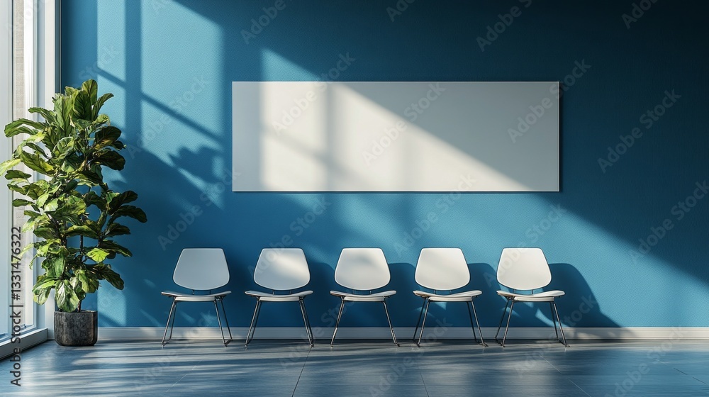 Poster bright and airy waiting room featuring a serene blue color scheme, sleek chairs aligned in perfect s