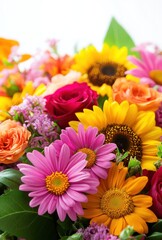 Fototapeta premium Vibrant Floral Arrangement Featuring Sunflowers, Daisies, Roses, Lilacs, and Colorful Seasonal Blooms in Bright Shades for Celebrations and Events