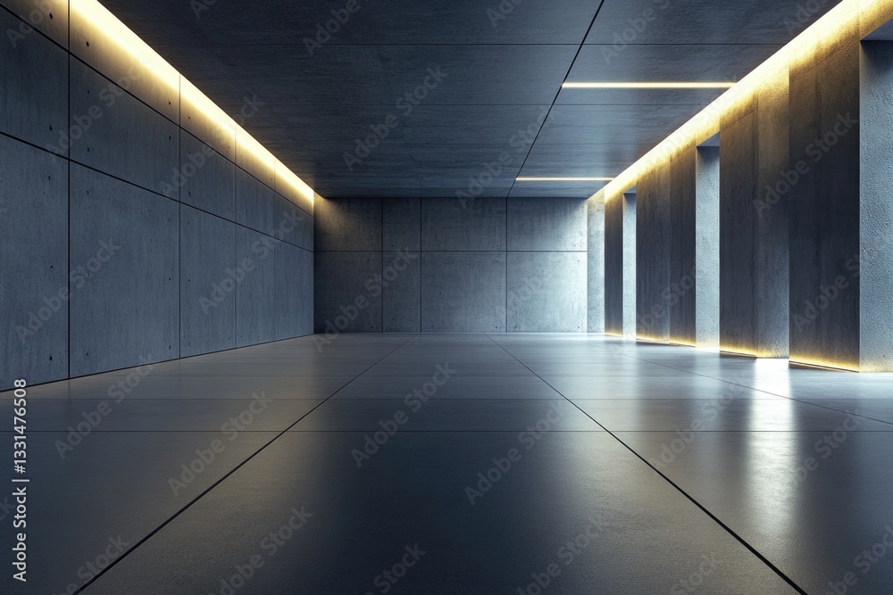 Poster a simple, empty room with concrete walls and a few lights