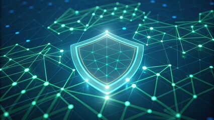 Obraz premium Digital shield icon surrounded by interconnected lines, symbolizing cybersecurity and data protection.