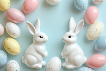 Ceramic bunnies surrounded by colorful speckled Easter eggs on pastel background, festive spring decoration, Easter celebration concept