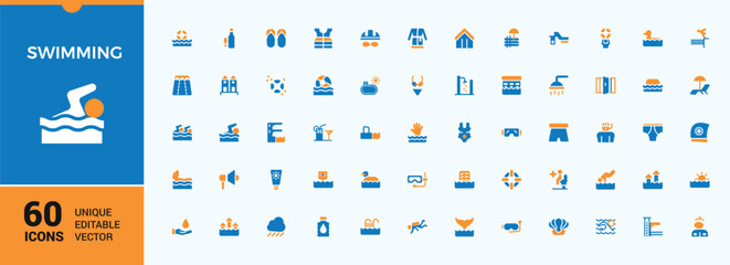 Swimming colorful icon collection. Included swimwear, shower, swimming pool, dive, beach, swimmer and more. Flat icon design. Diving solid icons. Modern vector illustration.
