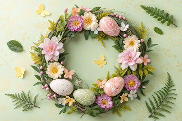 Easter wreath of flowers and colorful Easter eggs on a light green background. Top view, copy location