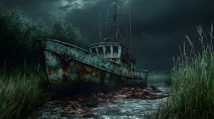 Abandoned boat in murky waters