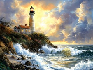 Fototapeta premium 19. **A scenic view of a lighthouse on a rocky shore with waves crashing below**