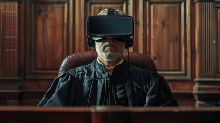 Judicial professional engages in virtual reality trial using augmented reality technology in a courtroom setting